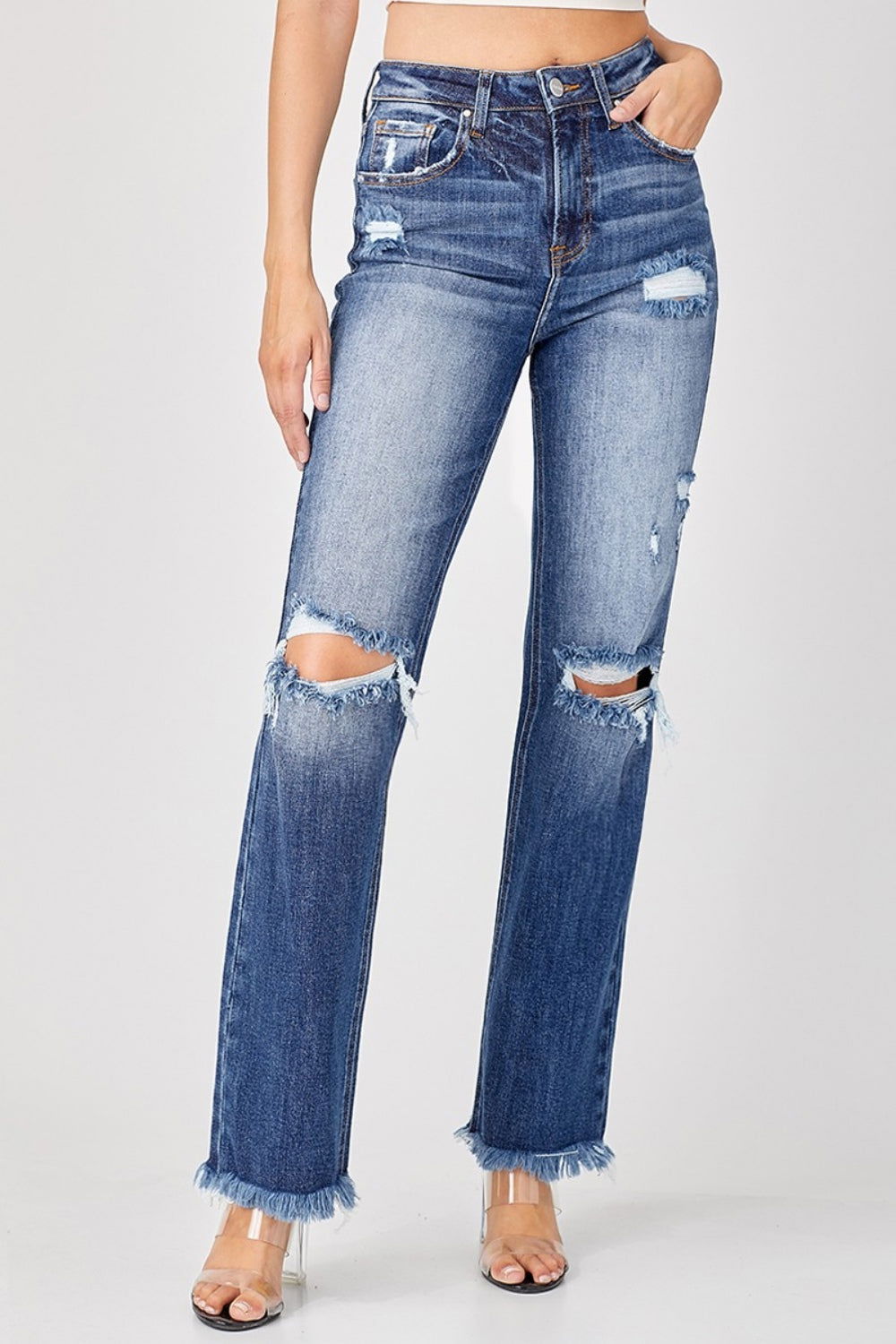 Women's Risen Full Size Raw Hem Distressed Straight Jeans - us.meeeshop