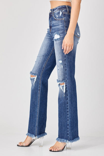 Women's Risen Full Size Raw Hem Distressed Straight Jeans - us.meeeshop