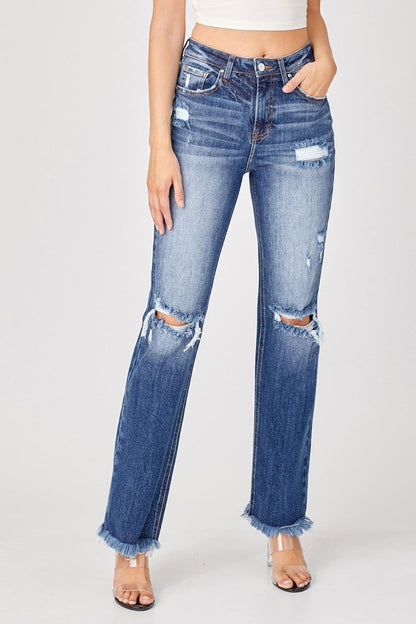 Women's Risen Full Size Raw Hem Distressed Straight Jeans - us.meeeshop