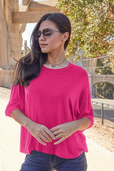 Round Neck Drop Shoulder T-Shirt us.meeeshop - Shirts & Tops