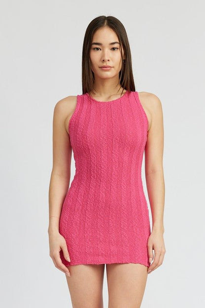 Round Neck Fitted Mini Dress - us.meeeshop