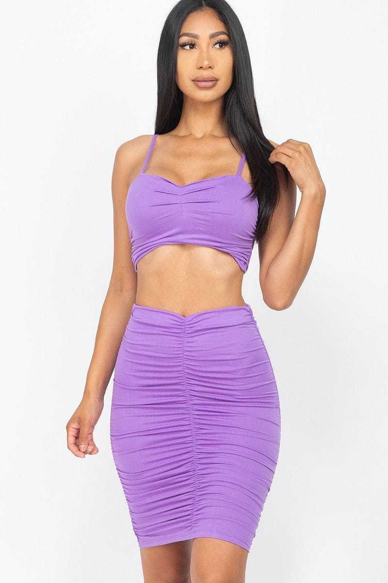 Ruched Crop Top And Skirt Sets | us.meeeshop