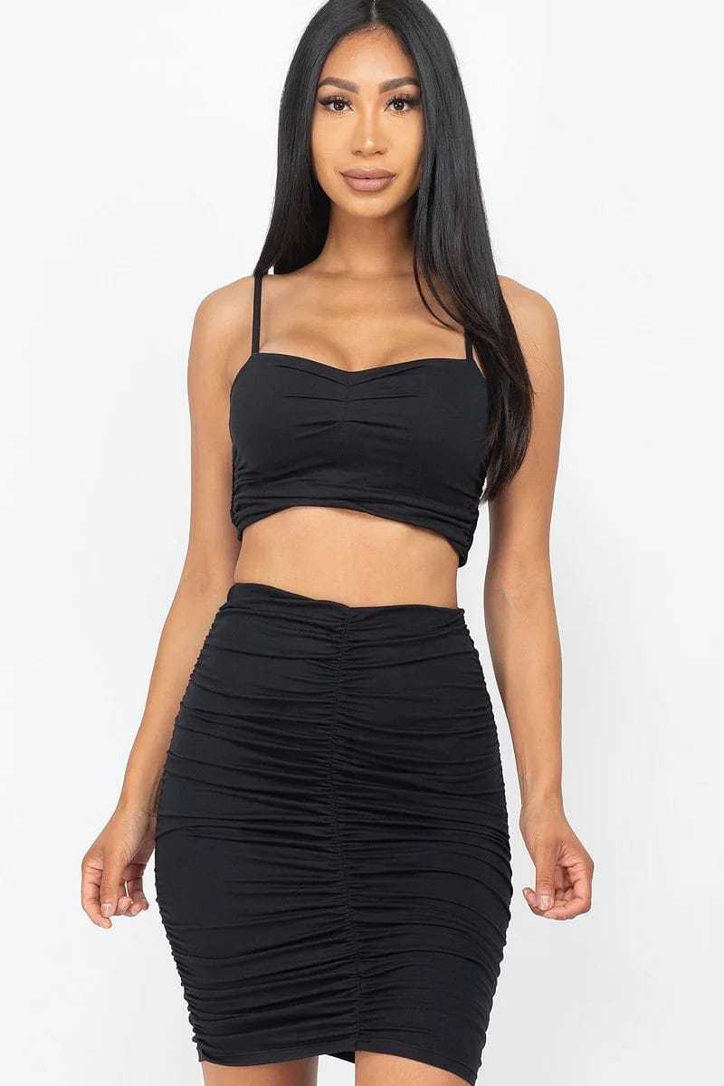Ruched Crop Top And Skirt Sets | us.meeeshop