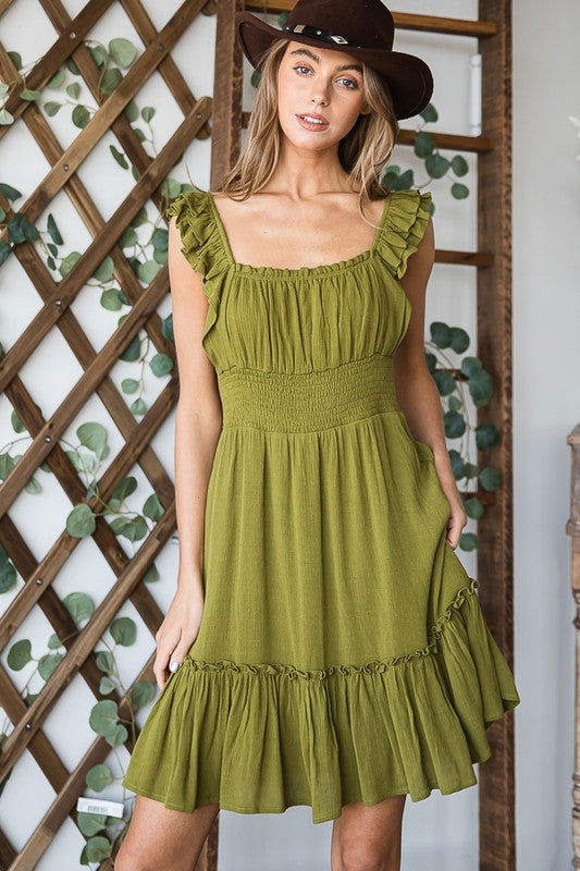 Ruched Waist Ruffled Sleeveless Dress us.meeeshop - Dresses