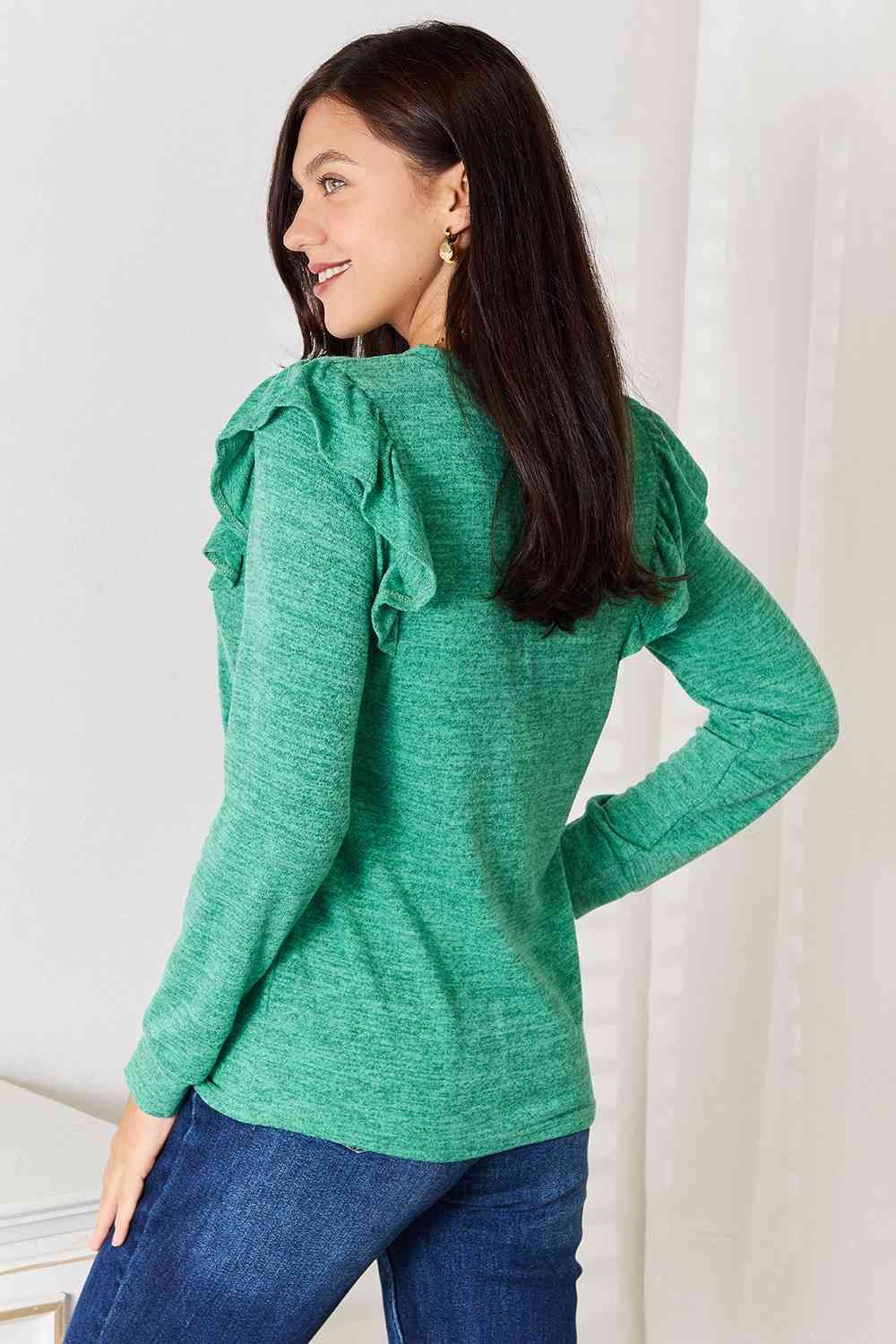 Ruffle Shoulder Long Sleeve T-Shirt us.meeeshop - 