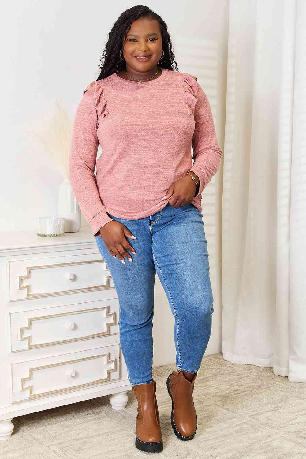 Ruffle Shoulder Long Sleeve T-Shirt us.meeeshop - 