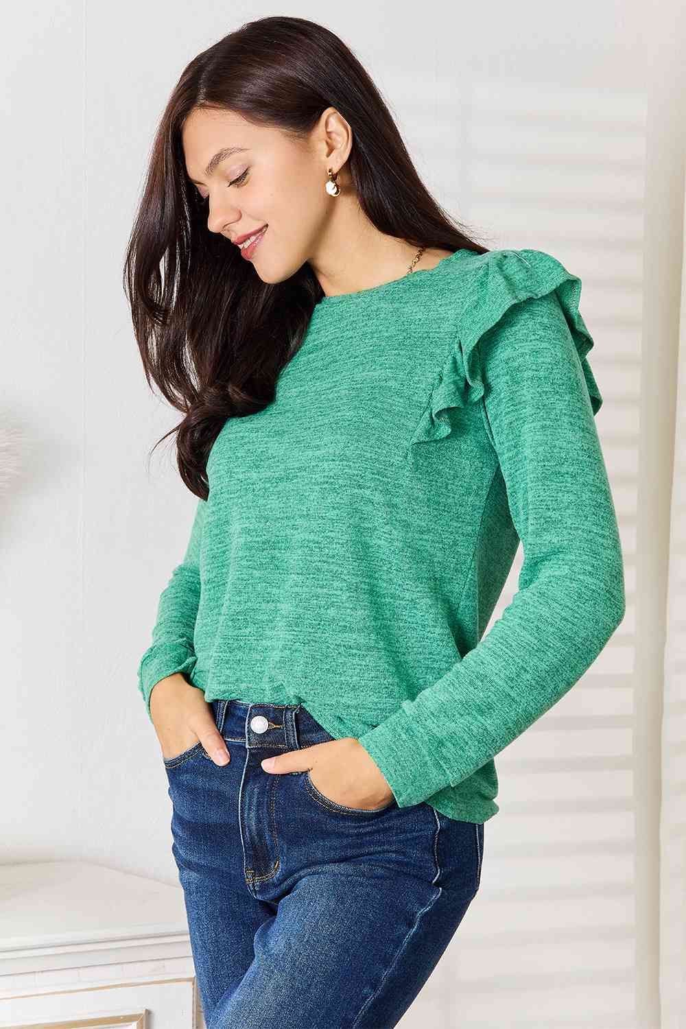 Ruffle Shoulder Long Sleeve T-Shirt us.meeeshop - 