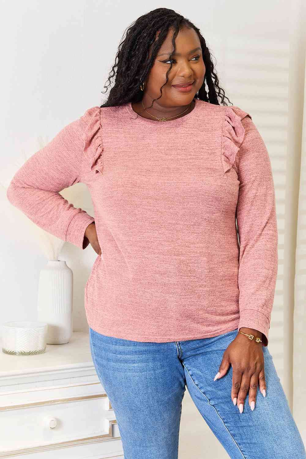 Ruffle Shoulder Long Sleeve T-Shirt us.meeeshop - 