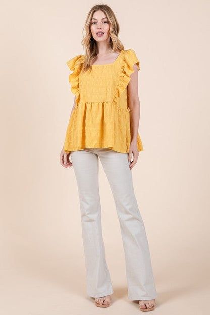 Ruffle Sleeve Textured Peplum Top us.meeeshop - 