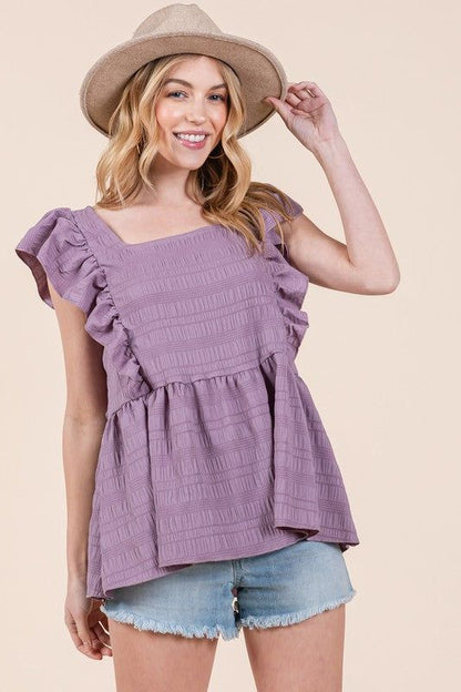 Ruffle Sleeve Textured Peplum Top us.meeeshop - 