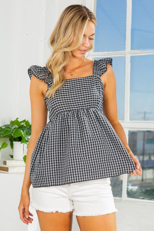 Ruffle Sleeve Tie Back Gingham Top us.meeeshop - 