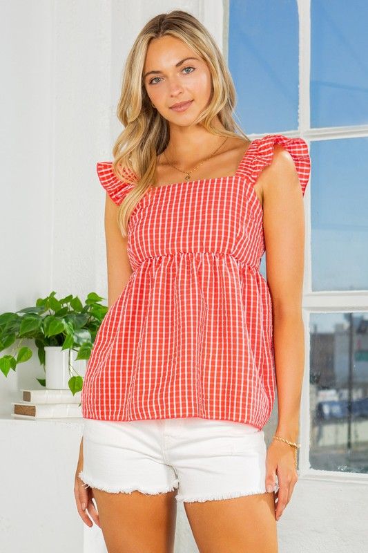 Ruffle Sleeve Tie Back Gingham Top us.meeeshop - 