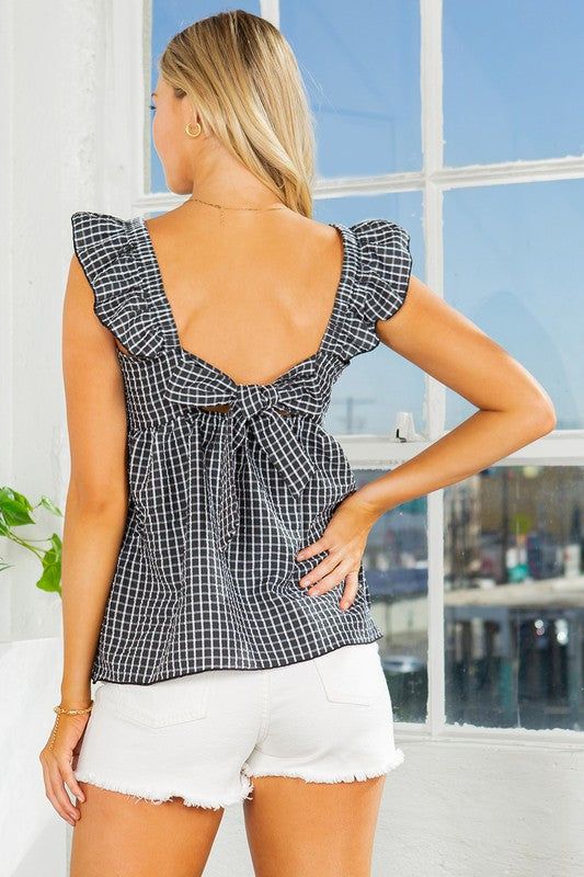 Ruffle Sleeve Tie Back Gingham Top us.meeeshop - 