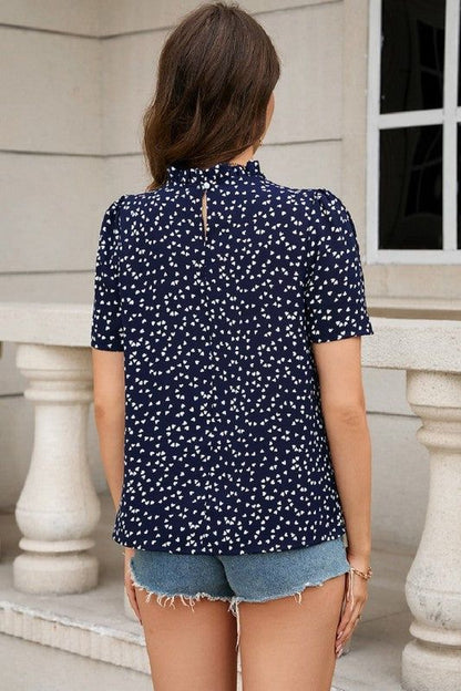 Women's Ruffle Neck Top In Navy - us.meeeshop