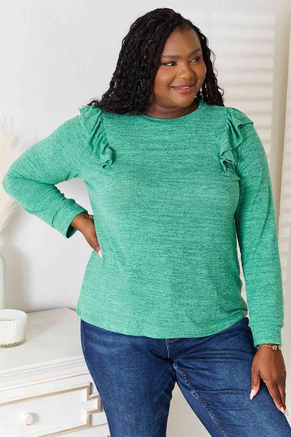 Ruffle Shoulder Long Sleeve T-Shirt - us.meeeshop