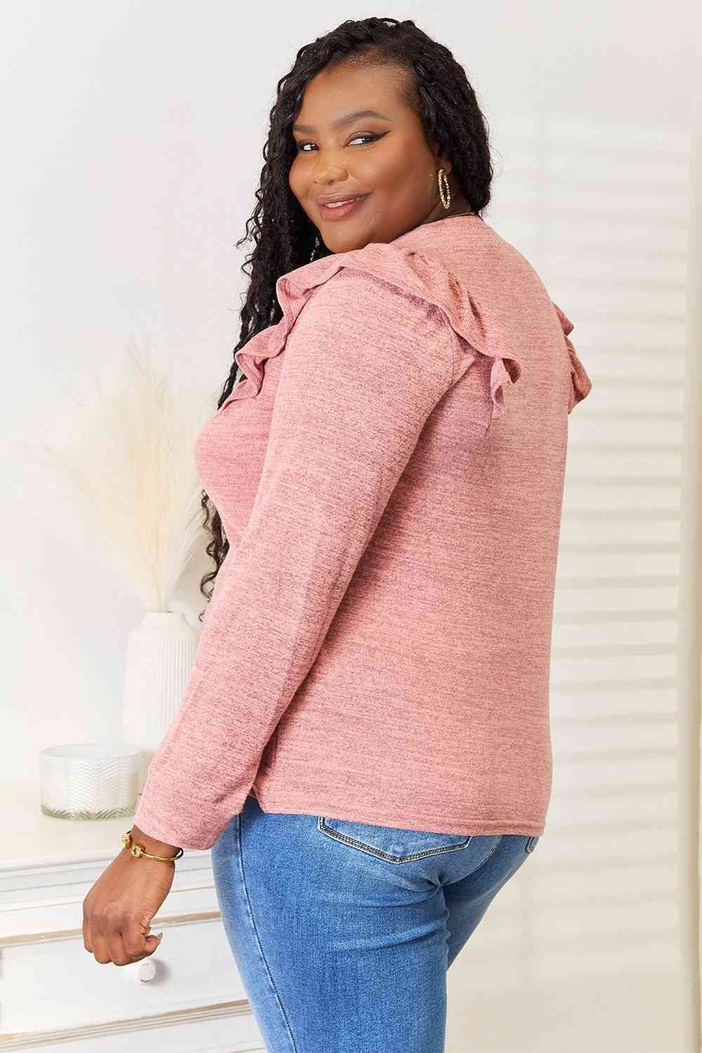 Ruffle Shoulder Long Sleeve T-Shirt - us.meeeshop