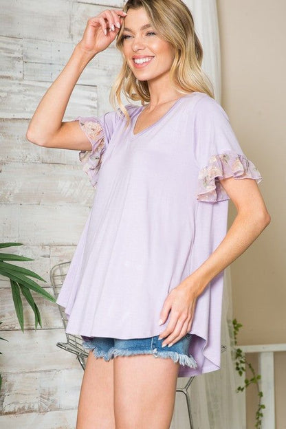 Ruffle Sleeve Contrast V Neck - us.meeeshop