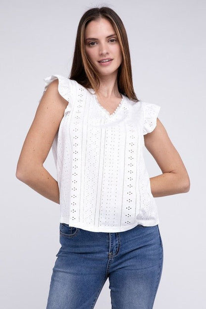 Ruffle Sleeve V Neck Top - us.meeeshop