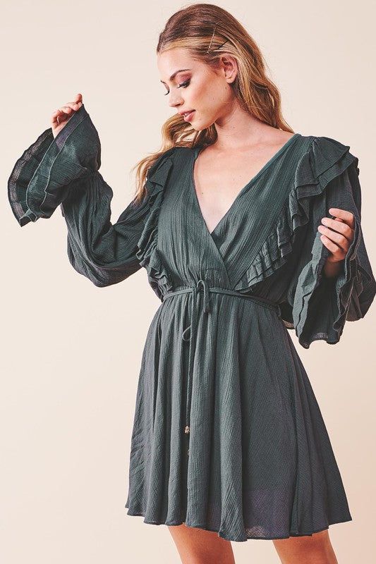 Ruffle Surplice Tied Mini Dress - us.meeeshop