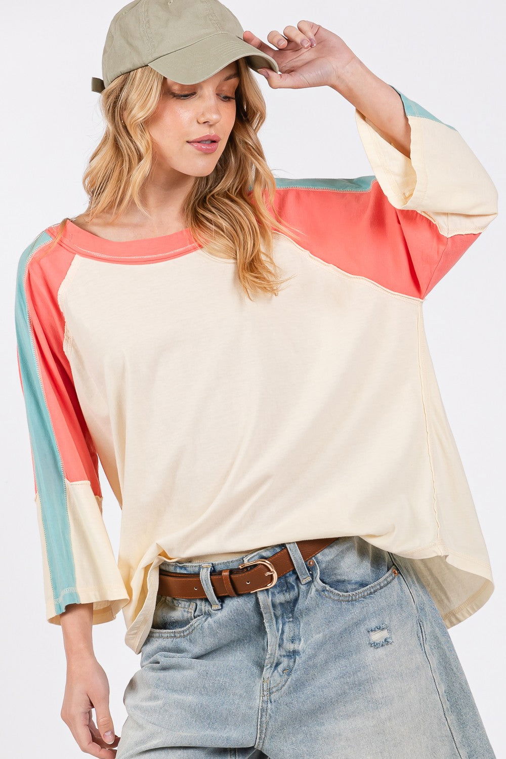 SAGE + FIG Color Block Curved Hem T-Shirt us.meeeshop - Shirts & Tops