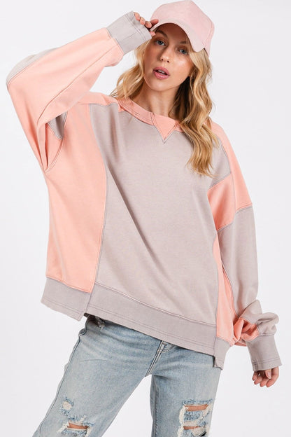 SAGE + FIG Color Block Round Neck Sweatshirt In Gray us.meeeshop - 