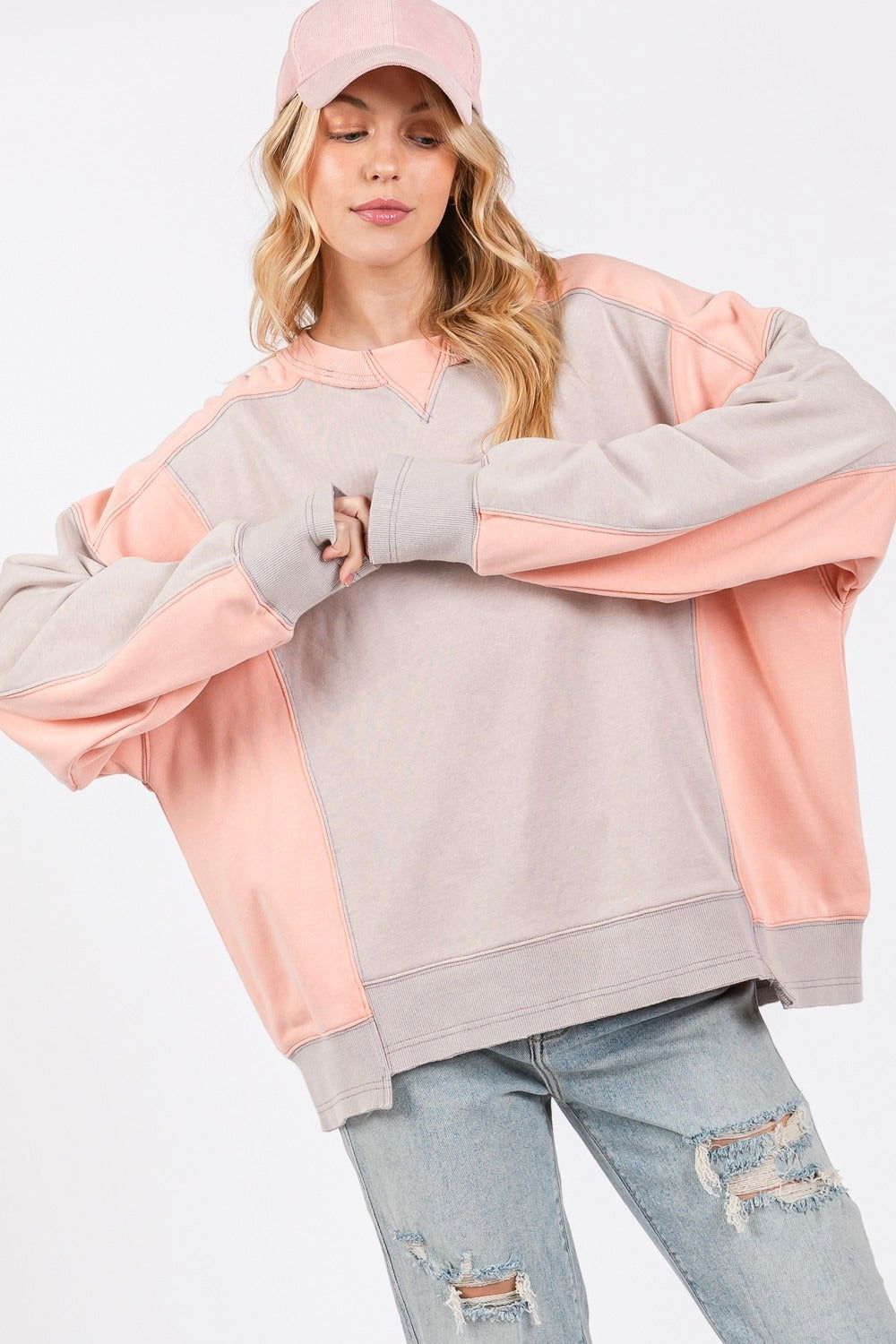 SAGE + FIG Color Block Round Neck Sweatshirt In Gray us.meeeshop - Shirts & Tops