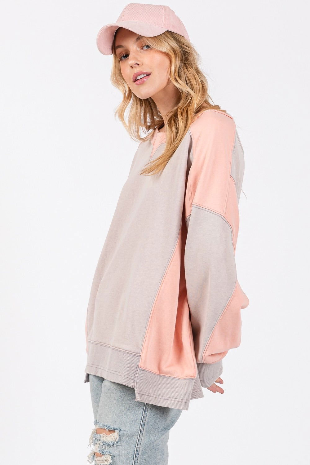 SAGE + FIG Color Block Round Neck Sweatshirt In Gray us.meeeshop - 