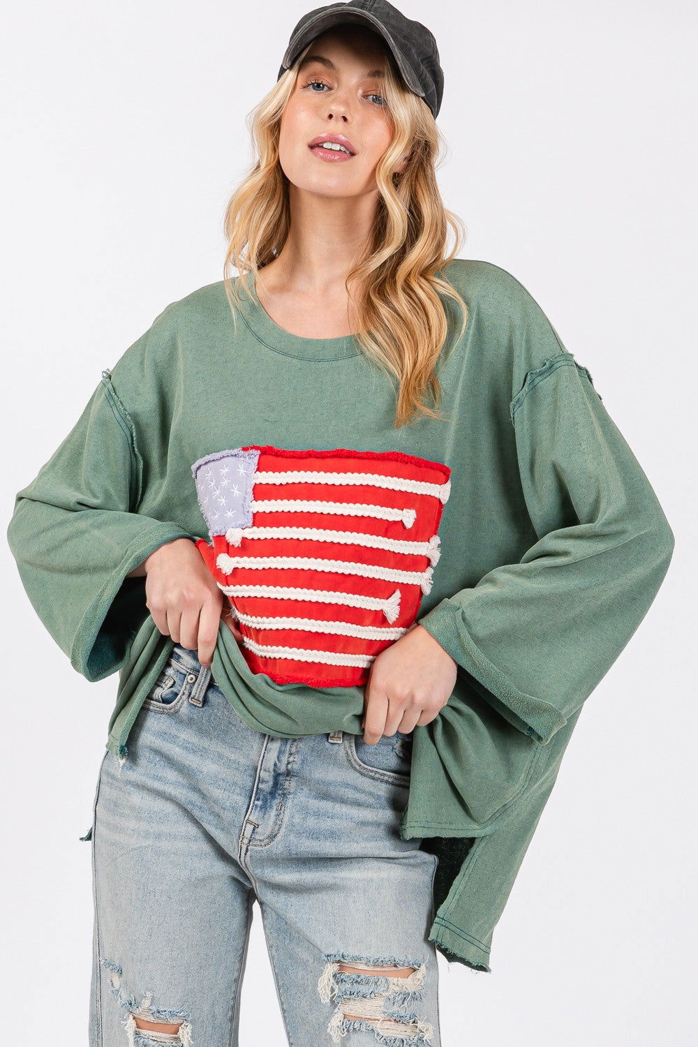 SAGE + FIG Full Size American Flag Patch Drop Shoulder T-Shirt us.meeeshop - 