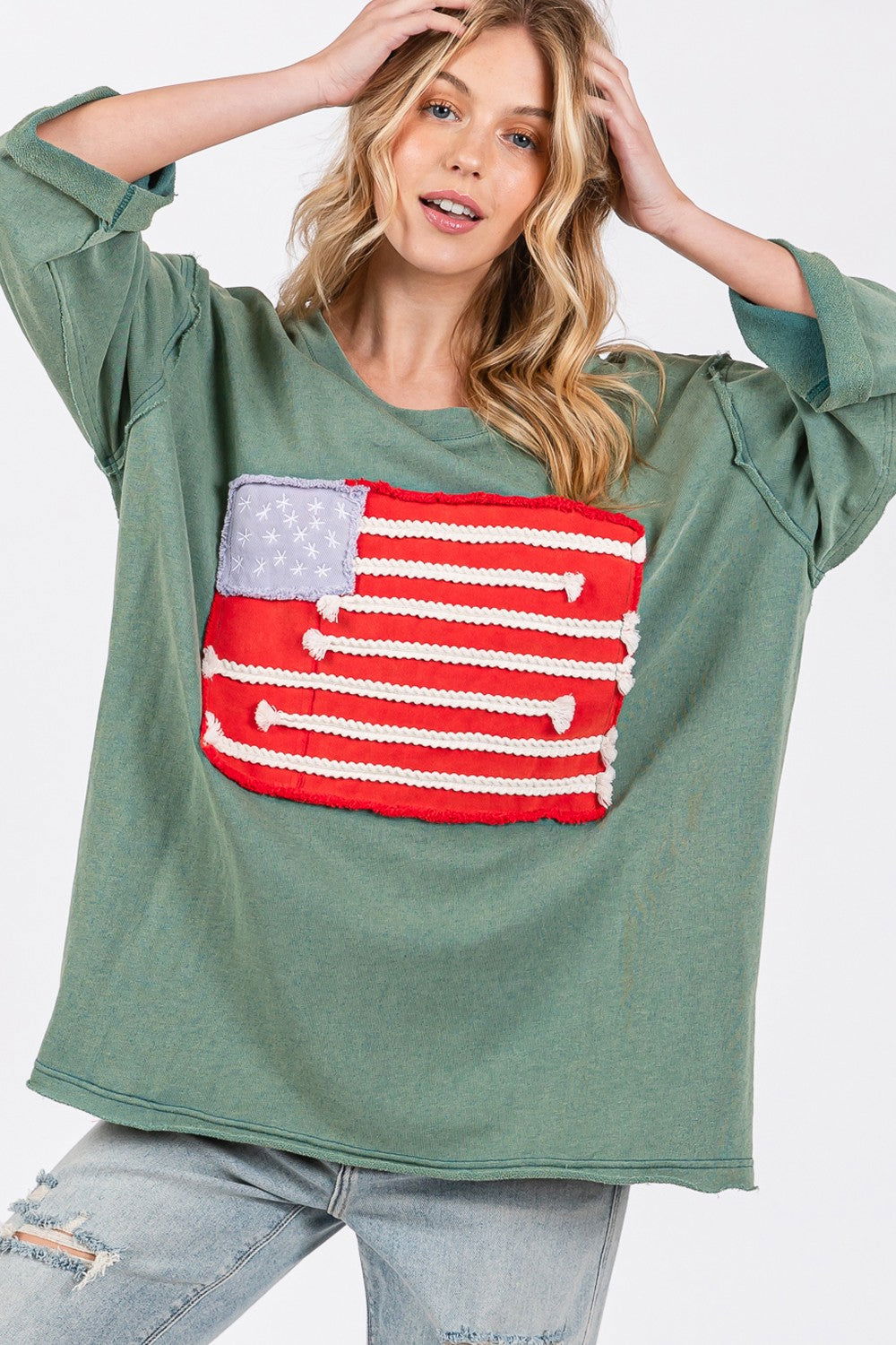 SAGE + FIG Full Size American Flag Patch Drop Shoulder T-Shirt us.meeeshop - Shirts & Tops