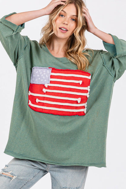 SAGE + FIG Full Size American Flag Patch Drop Shoulder T-Shirt us.meeeshop - Shirts & Tops