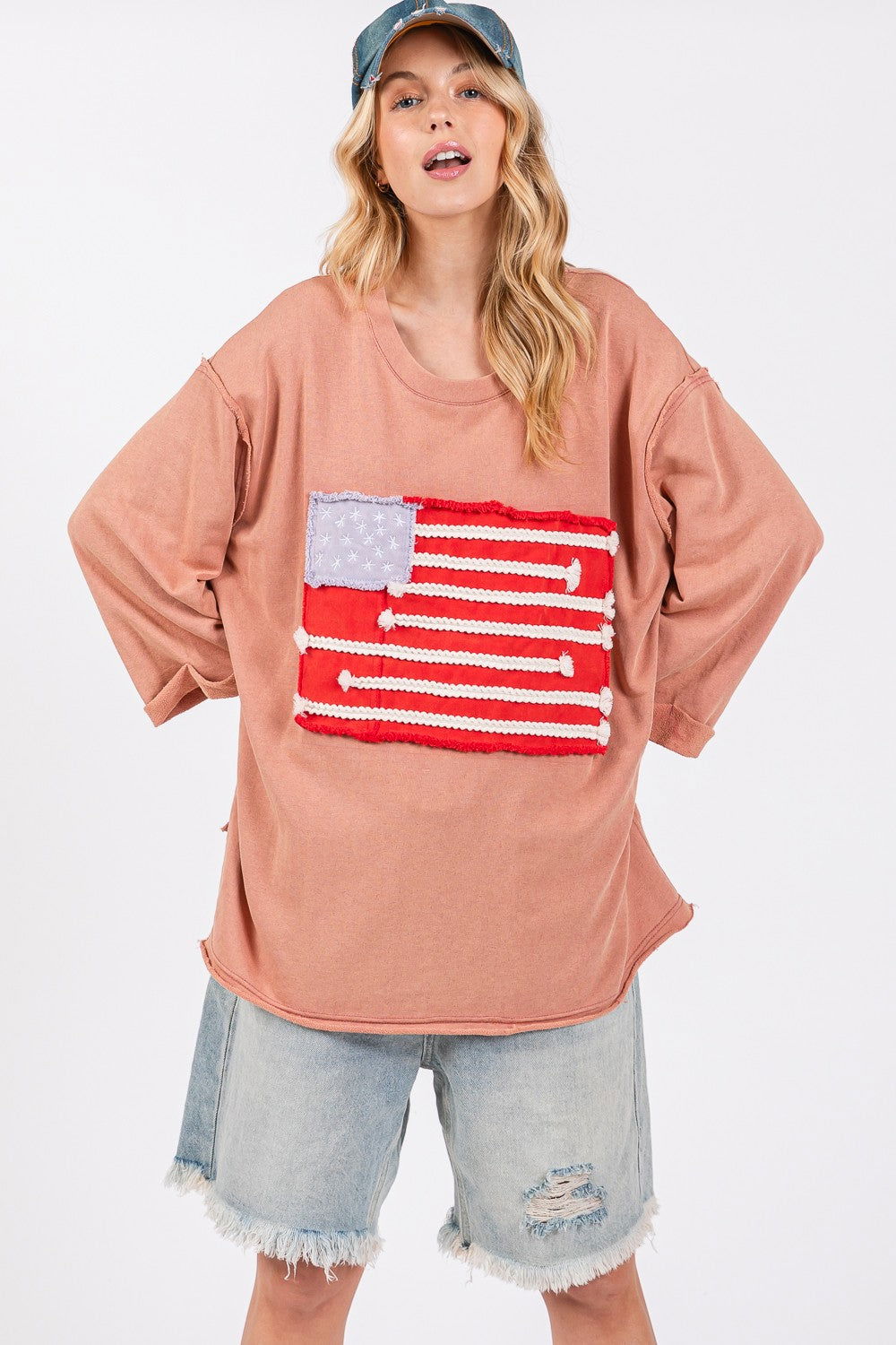 SAGE + FIG Full Size American Flag Patch Drop Shoulder T-Shirt us.meeeshop - 