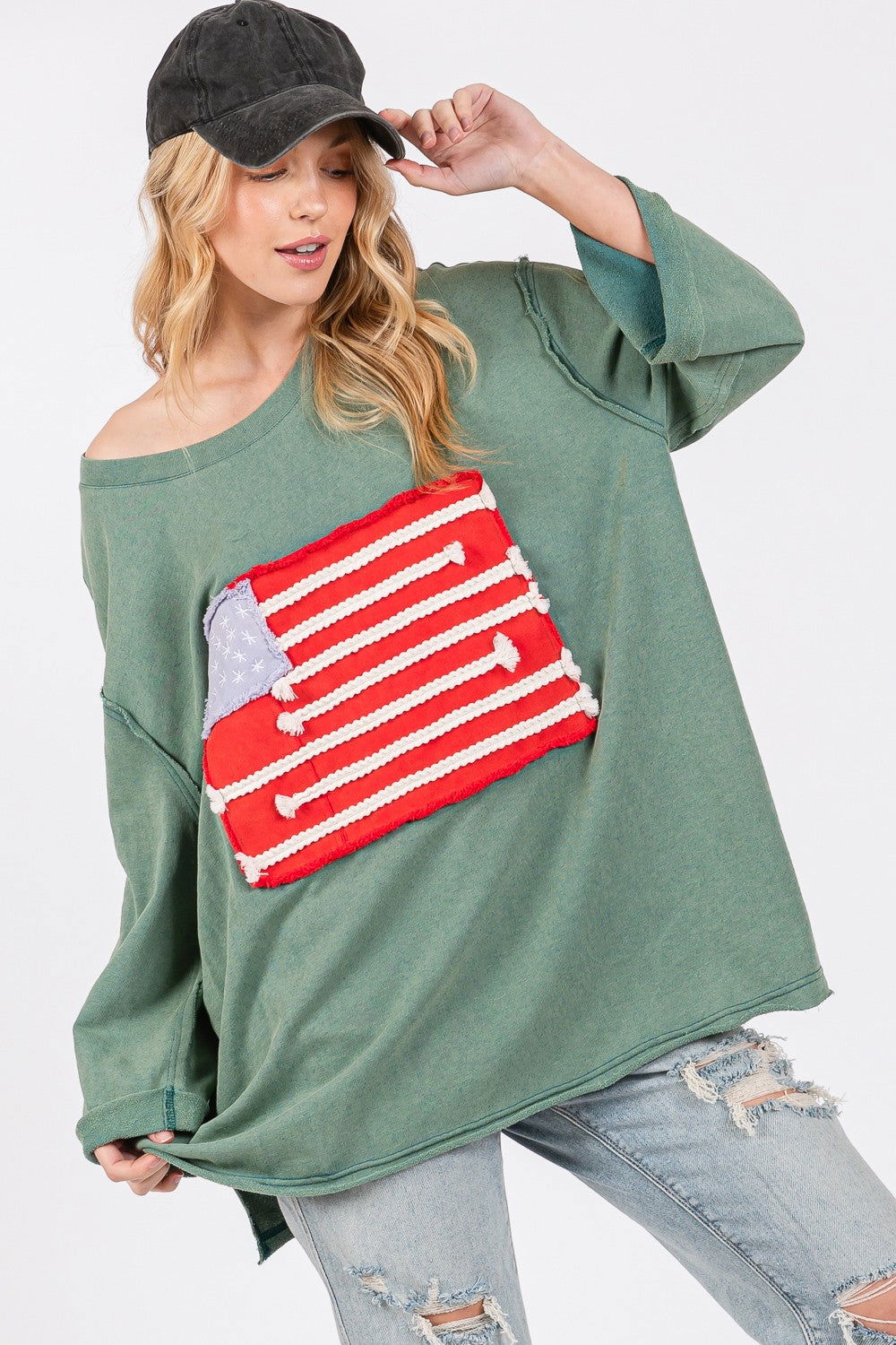 SAGE + FIG Full Size American Flag Patch Drop Shoulder T-Shirt us.meeeshop - 