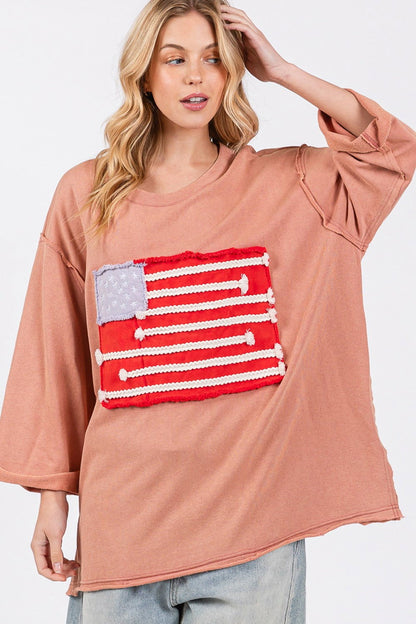 SAGE + FIG Full Size American Flag Patch Drop Shoulder T-Shirt us.meeeshop - Shirts & Tops