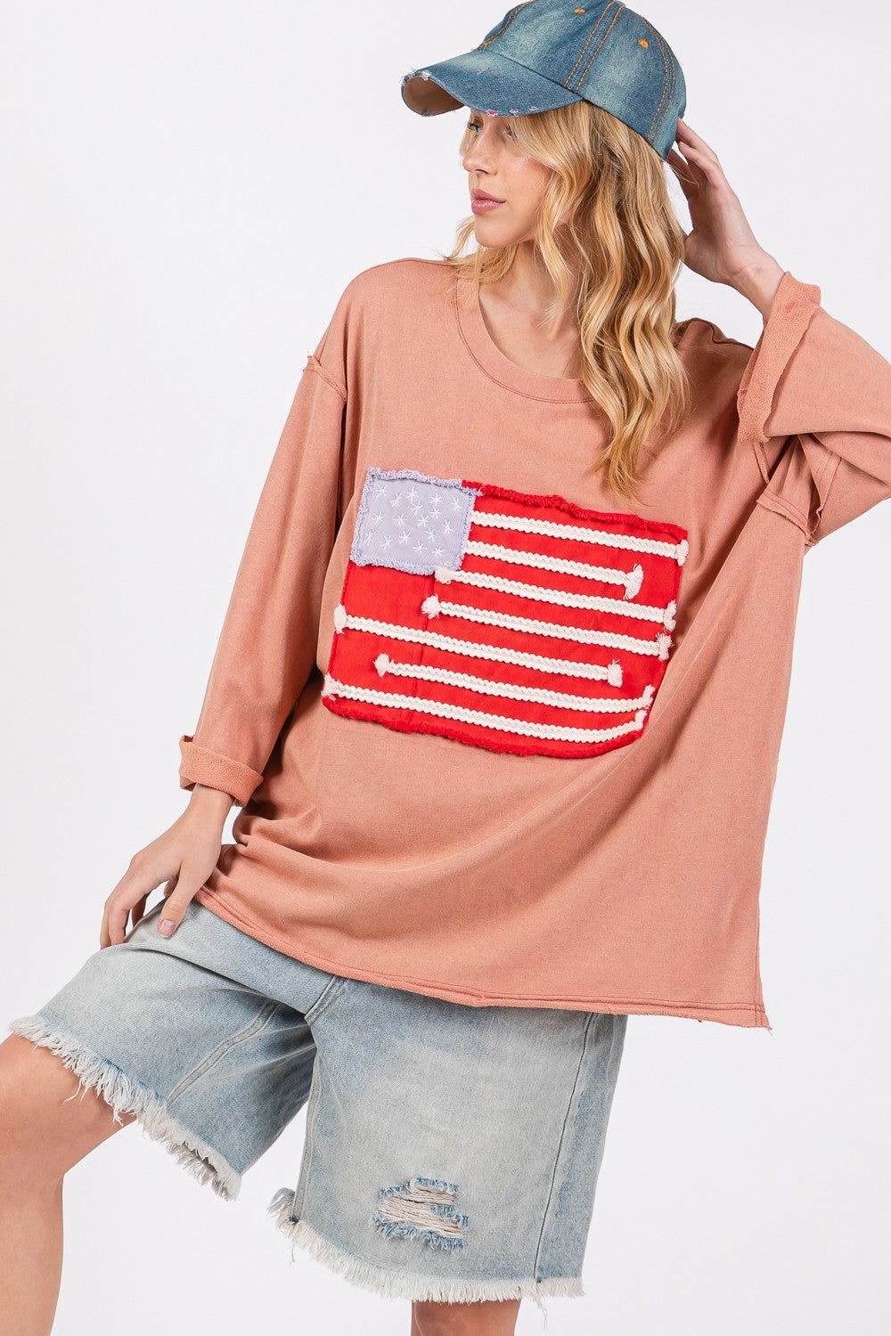 SAGE + FIG Full Size American Flag Patch Drop Shoulder T-Shirt us.meeeshop - 