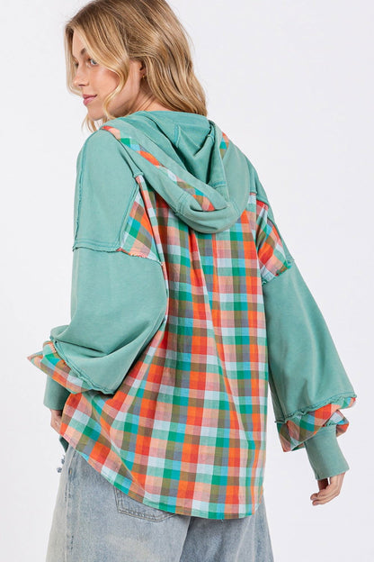 SAGE + FIG Full Size Plaid Print Washed Hoodie us.meeeshop - 