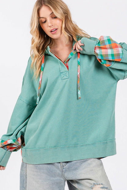 SAGE + FIG Full Size Plaid Print Washed Hoodie us.meeeshop - Shirts & Tops