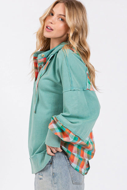 SAGE + FIG Full Size Plaid Print Washed Hoodie us.meeeshop - 