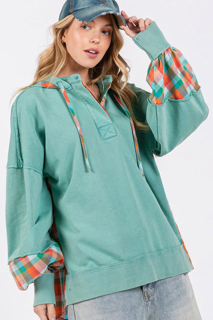 SAGE + FIG Full Size Plaid Print Washed Hoodie us.meeeshop - 