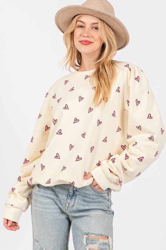 SAGE + FIG Heart Printed Contrast Long Sleeve Sweatshirt us.meeeshop - Shirts & Tops