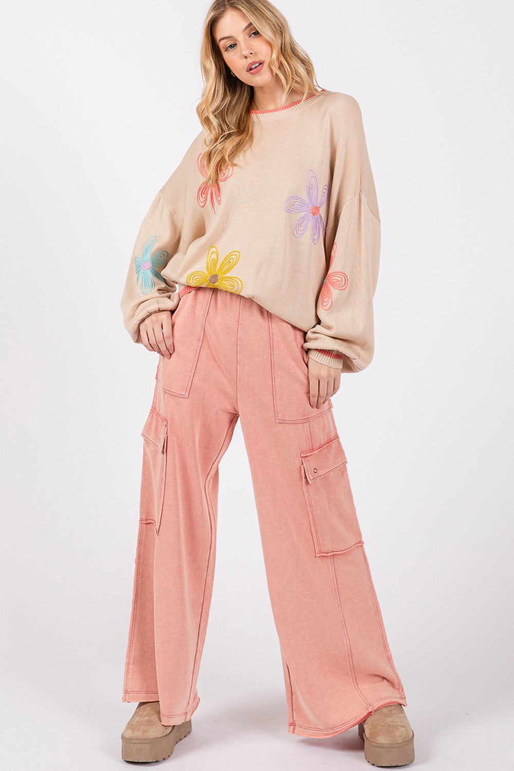 SAGE + FIG Knit Terry Mineral Wash Wide Leg Pants us.meeeshop - Pants