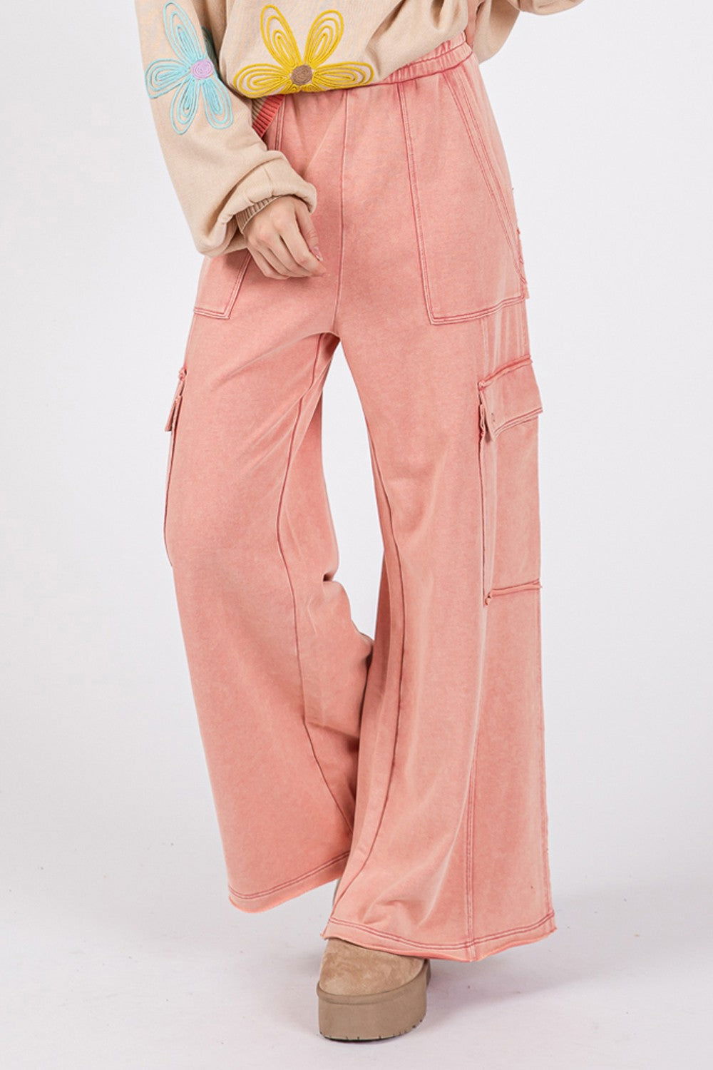 SAGE + FIG Knit Terry Mineral Wash Wide Leg Pants us.meeeshop - 