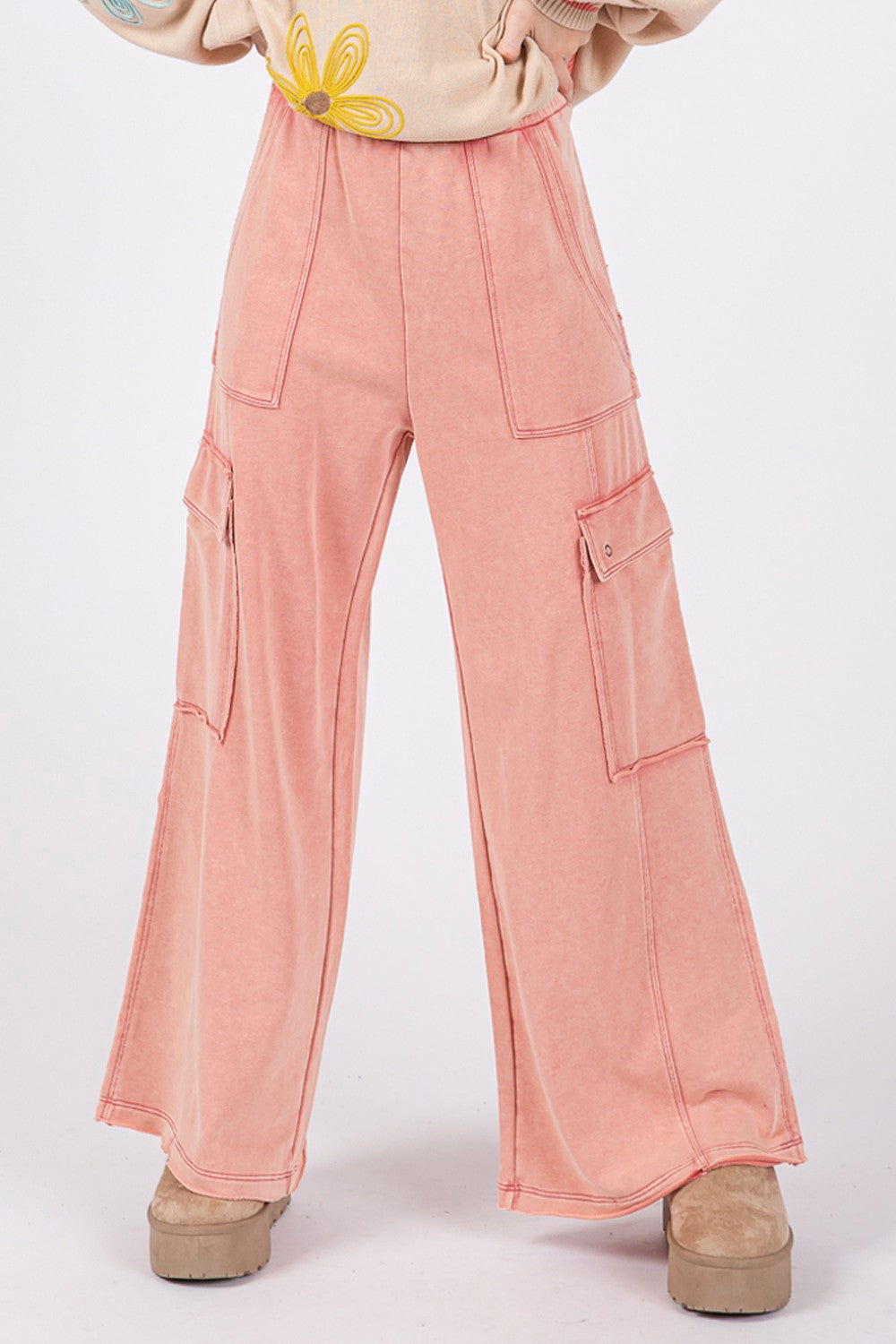 SAGE + FIG Knit Terry Mineral Wash Wide Leg Pants us.meeeshop - 