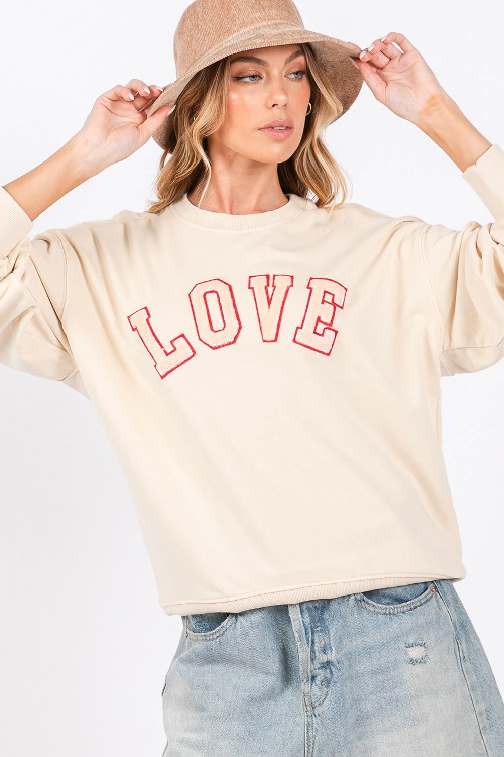 SAGE + FIG LOVE Path Applique Drop Shoulder Sweatshirt us.meeeshop - Shirts & Tops