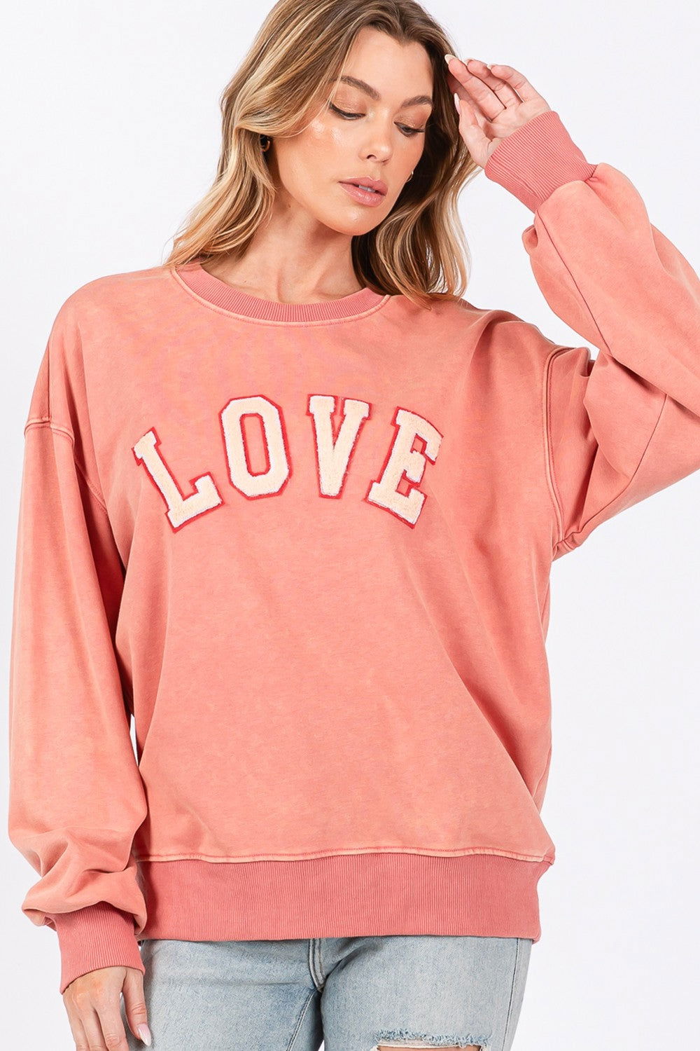 SAGE + FIG LOVE Path Applique Drop Shoulder Sweatshirt us.meeeshop - 