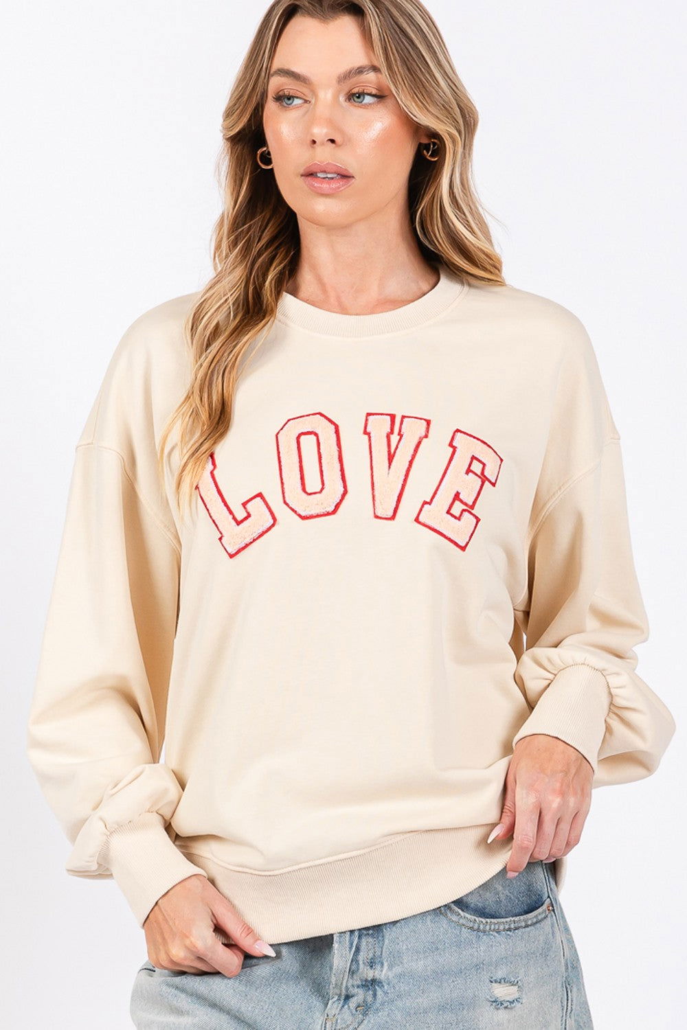 SAGE + FIG LOVE Path Applique Drop Shoulder Sweatshirt us.meeeshop - 