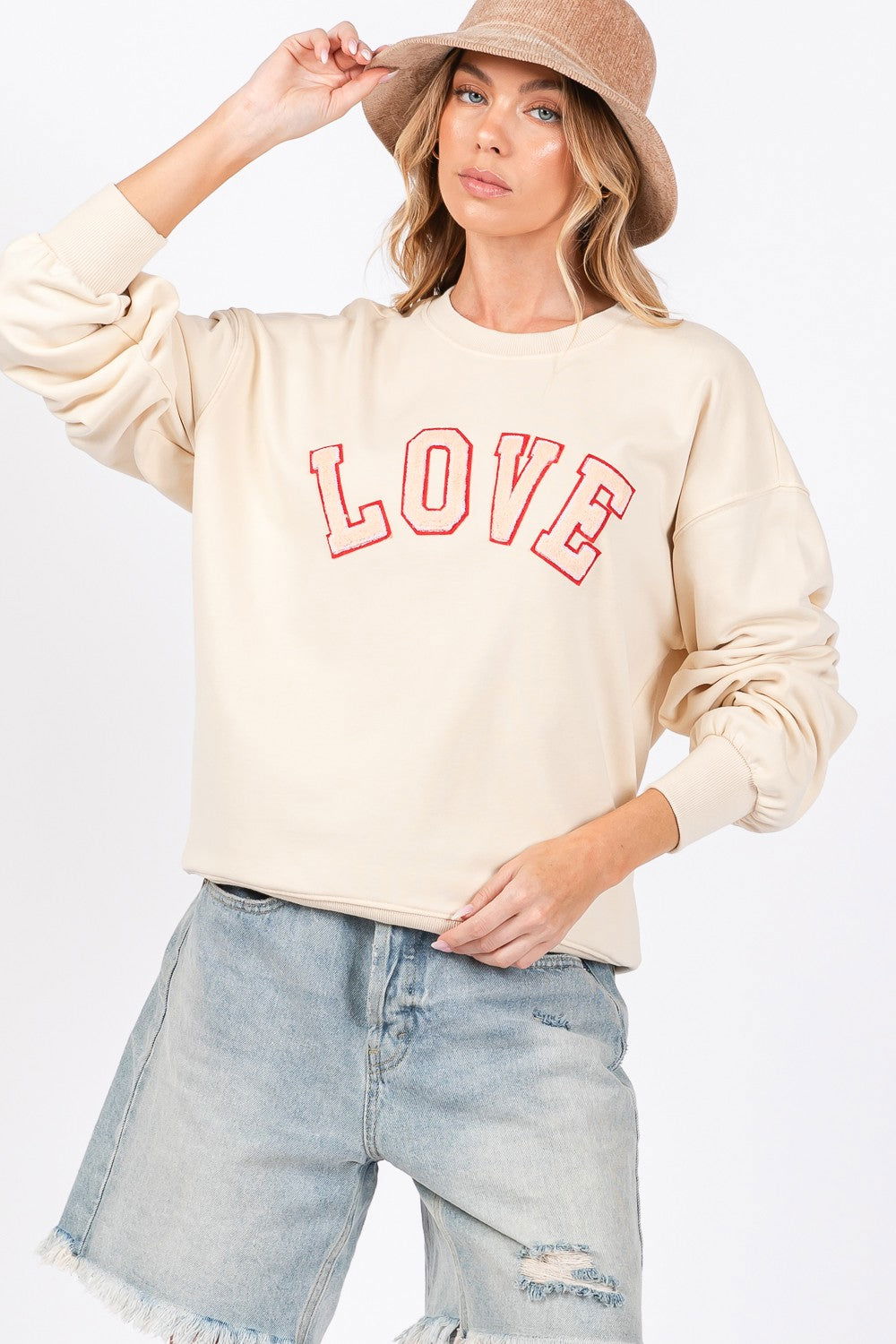 SAGE + FIG LOVE Path Applique Drop Shoulder Sweatshirt us.meeeshop - 