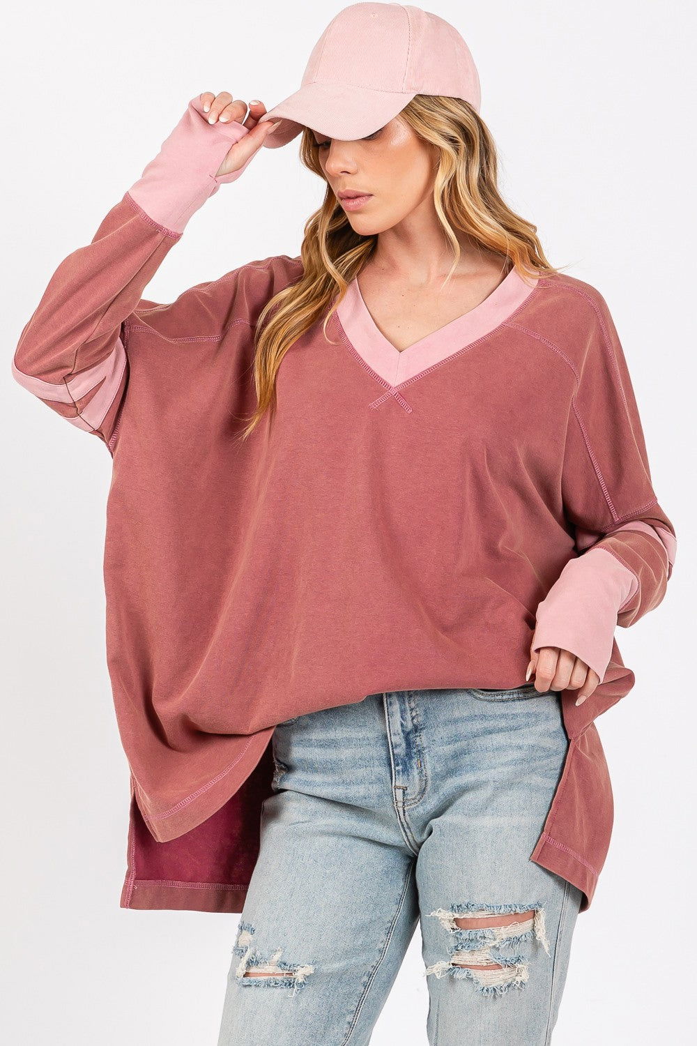 SAGE + FIG Mineral Wash Side Slit Contrast T-Shirt us.meeeshop - 