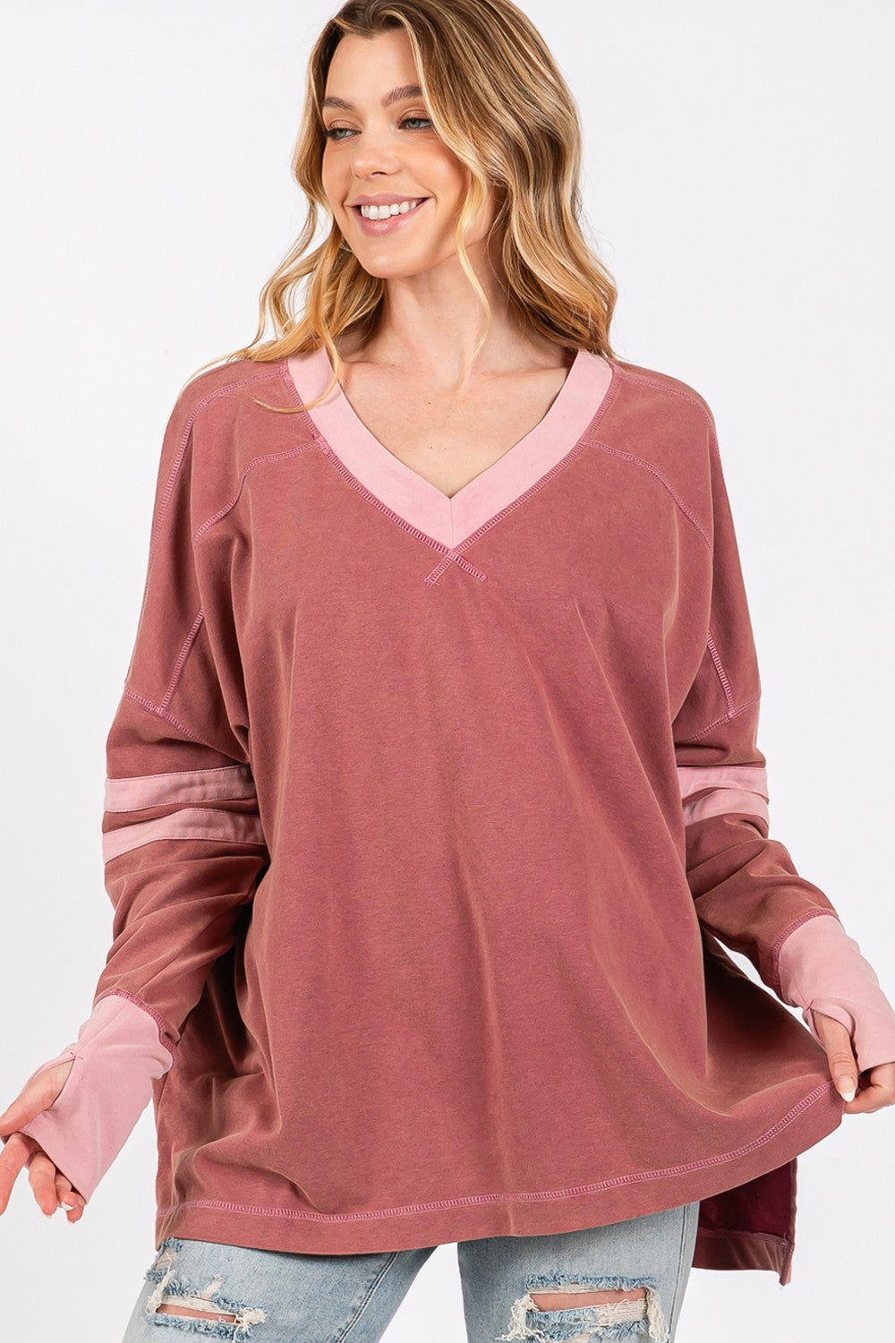 SAGE + FIG Mineral Wash Side Slit Contrast T-Shirt us.meeeshop - 