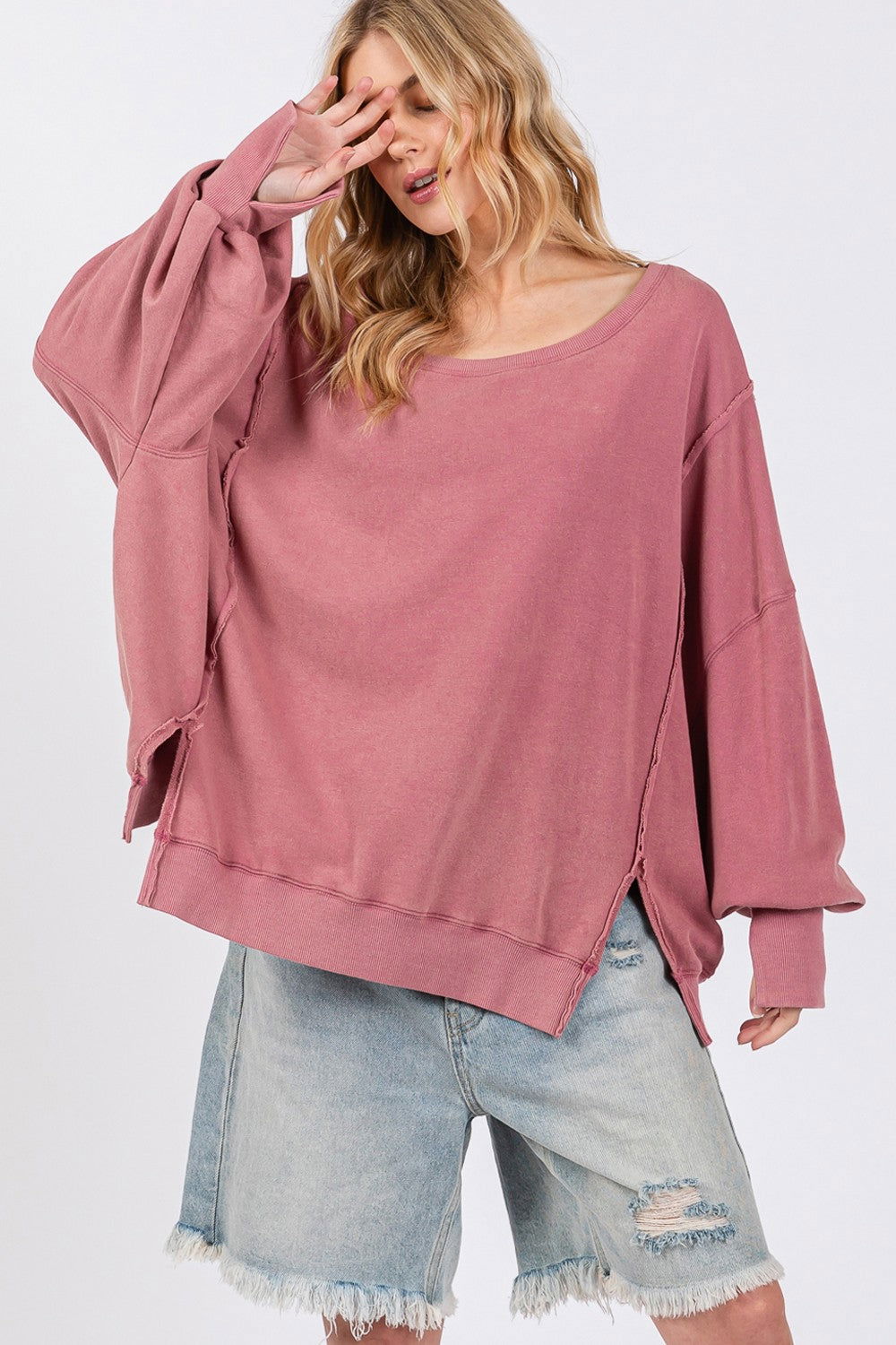 SAGE + FIG Mineral Wash Side Slit Oversized Sweatshirt us.meeeshop - 