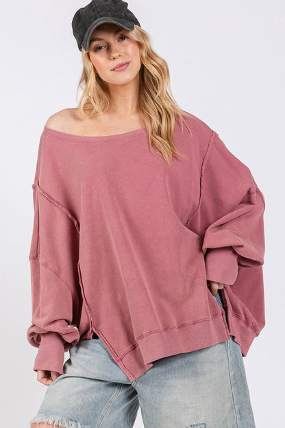 SAGE + FIG Mineral Wash Side Slit Oversized Sweatshirt us.meeeshop - Shirts & Tops